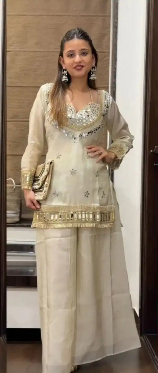 Women's Chinon Embroidered Mirror Work Kurta Palazzo Set with Dupatta – Rust & White